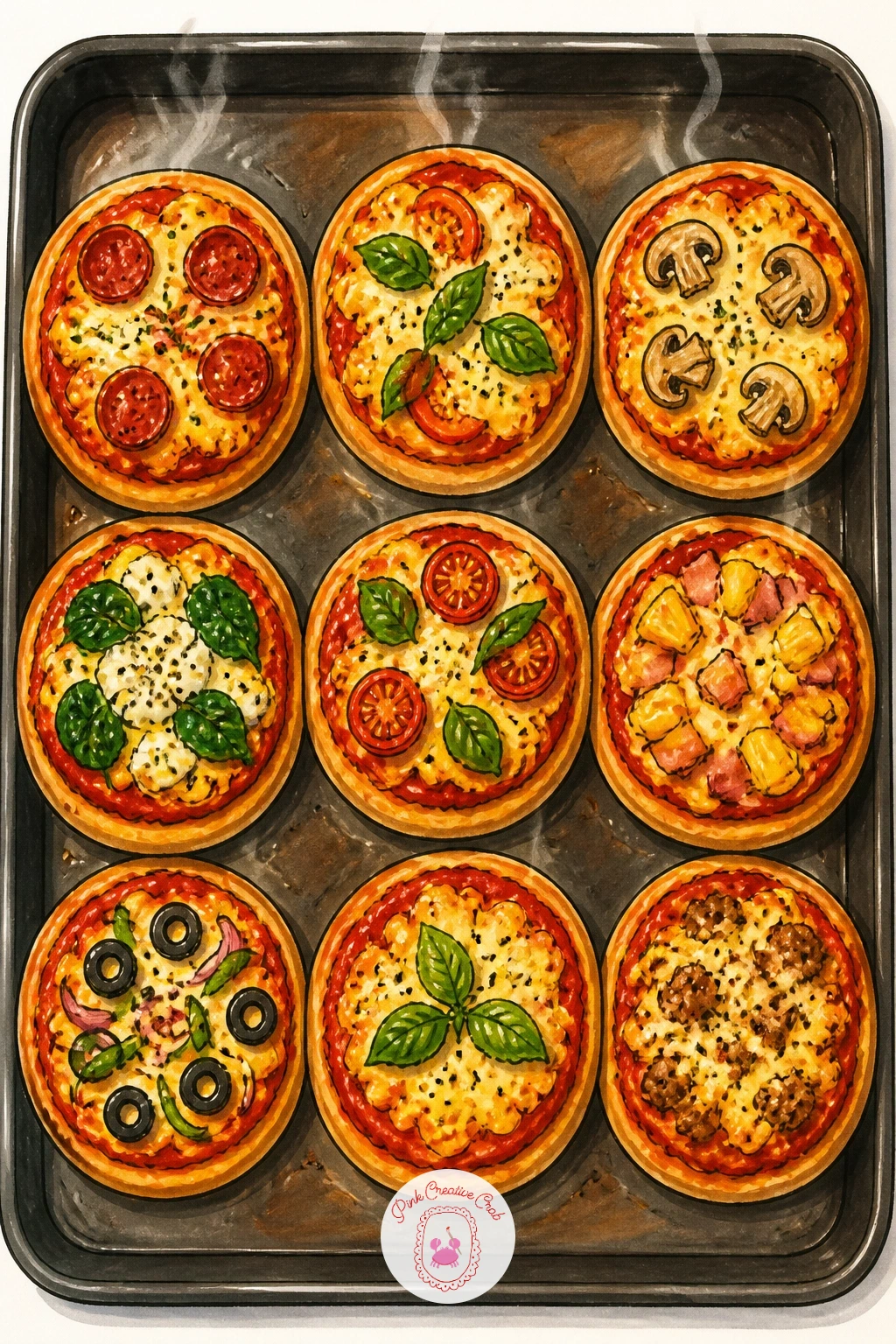 Tray Of Mini Pizzas — Shift scale with a tray of mini pizzas, each one small enough that the whole batch fits in one drawing, fresh out of the oven on a baking