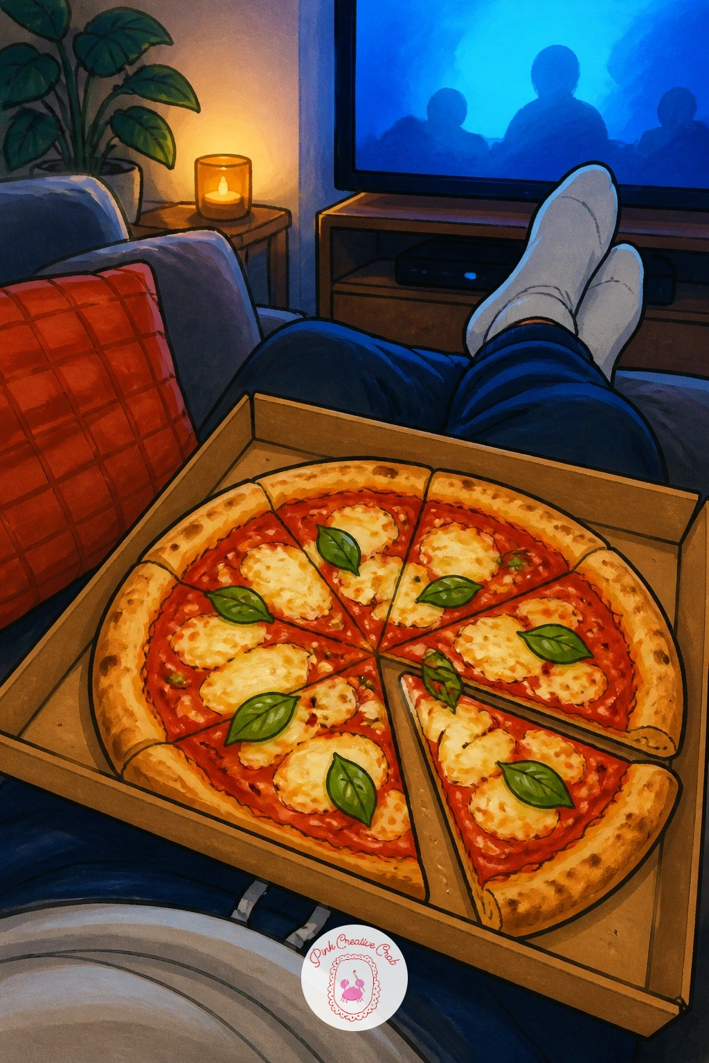 Pizza Night On The Couch — Bring the energy down for pizza night on the couch, box balanced on a lap, a glowing TV screen lighting the room, maybe a cozy