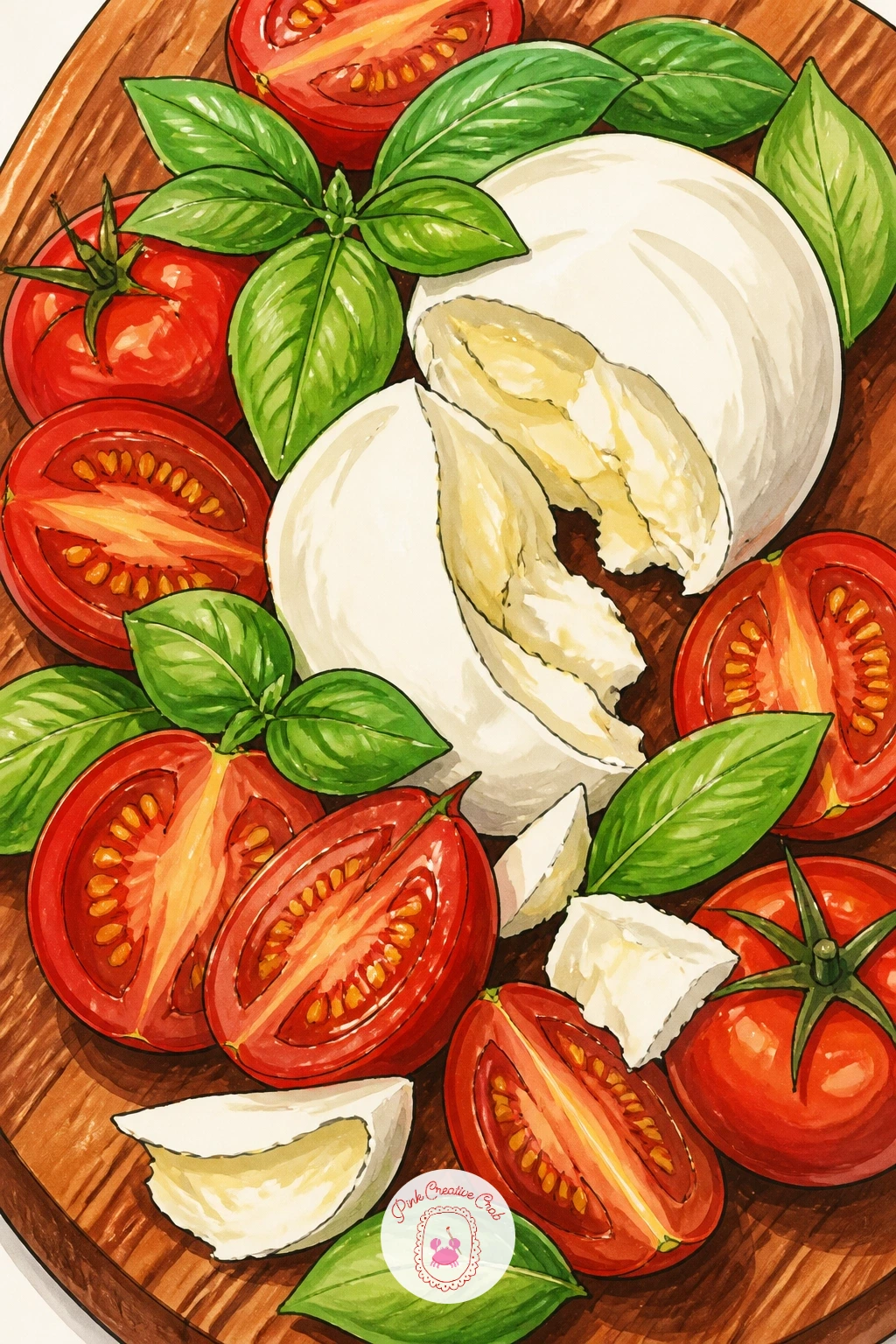 Basil Tomatoes And Mozzarella On A Board — Pause the pizza itself for a moment and draw its ingredients laid out on a wooden board, fresh basil, halved