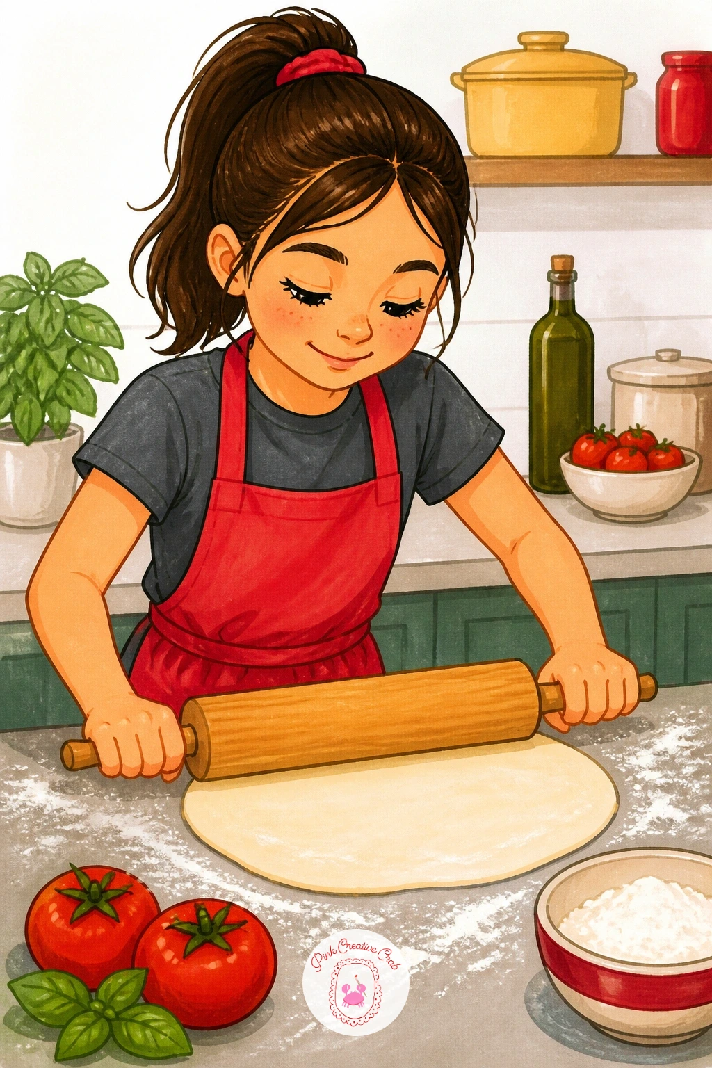 Girl Rolling Dough At The Counter — Return to a human moment with a girl rolling pizza dough at a kitchen counter, sleeves pushed up, flour dusted across the