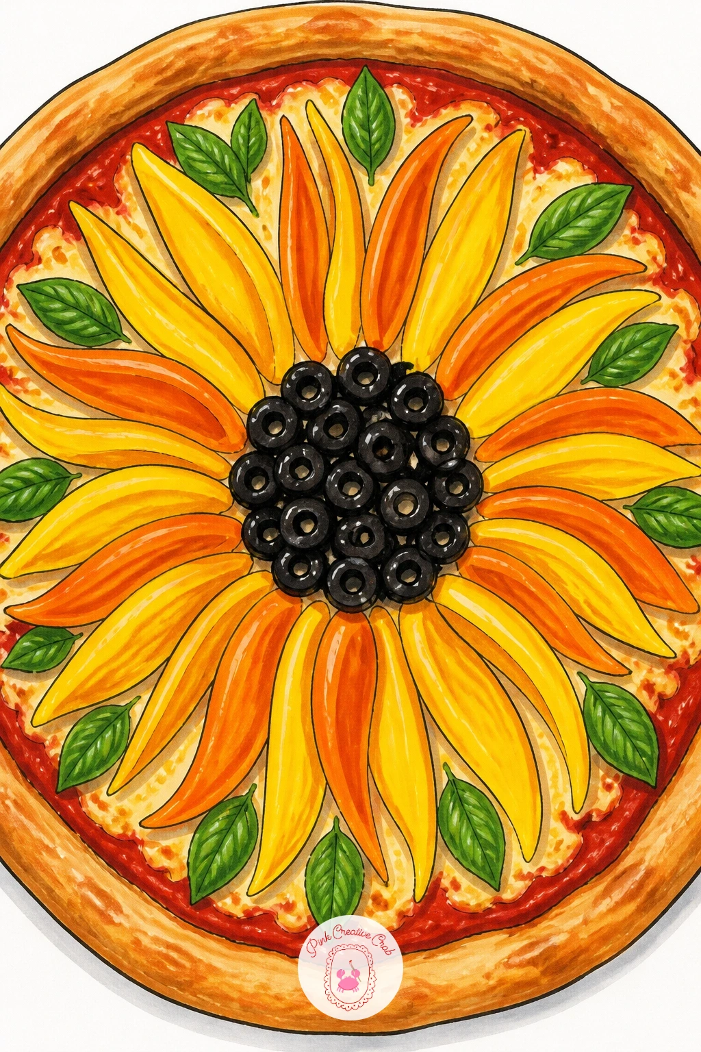 Sunflower Pizza With Peppers — Turn toppings into a pattern with a pizza arranged like a sunflower, yellow pepper strips fanning out from a dark center of