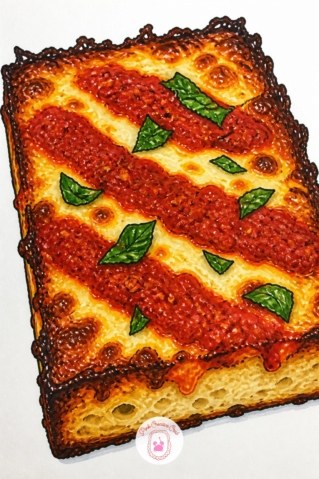 Square Detroit Style Slice — Switch shapes entirely for a square Detroit-style slice, thick crust with that signature caramelized cheese edge where it meets