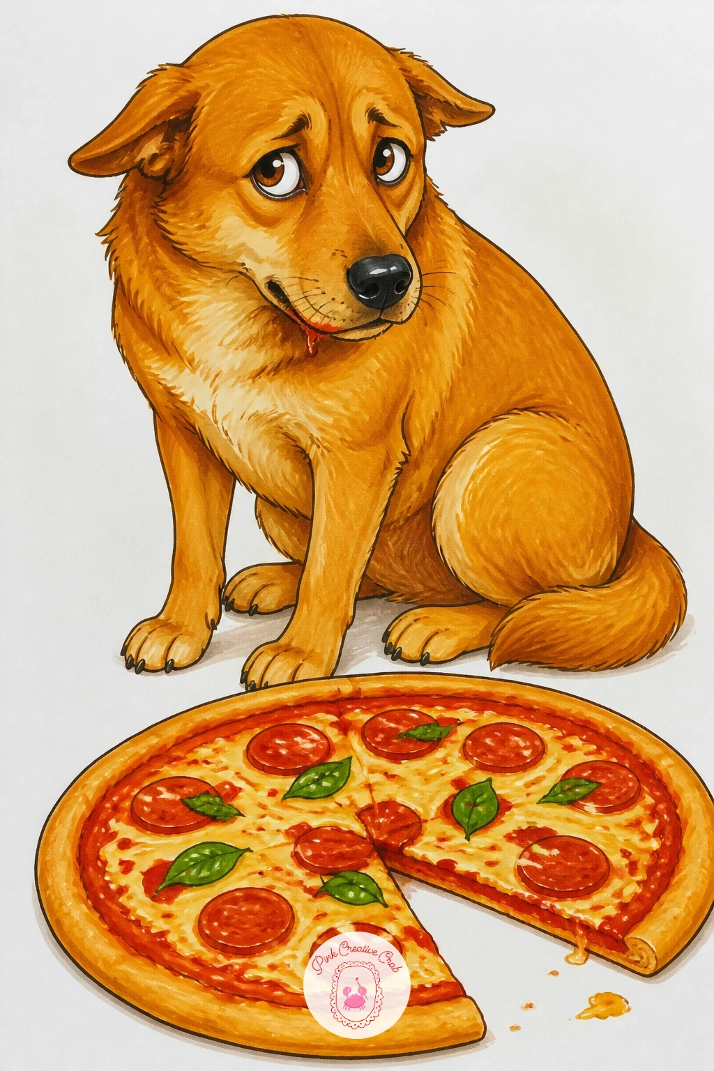 Guilty Dog Beside A Pizza — Add a little comedy with a guilty-looking dog sitting beside a pizza that's missing exactly one slice, ears down, eyes wide, the