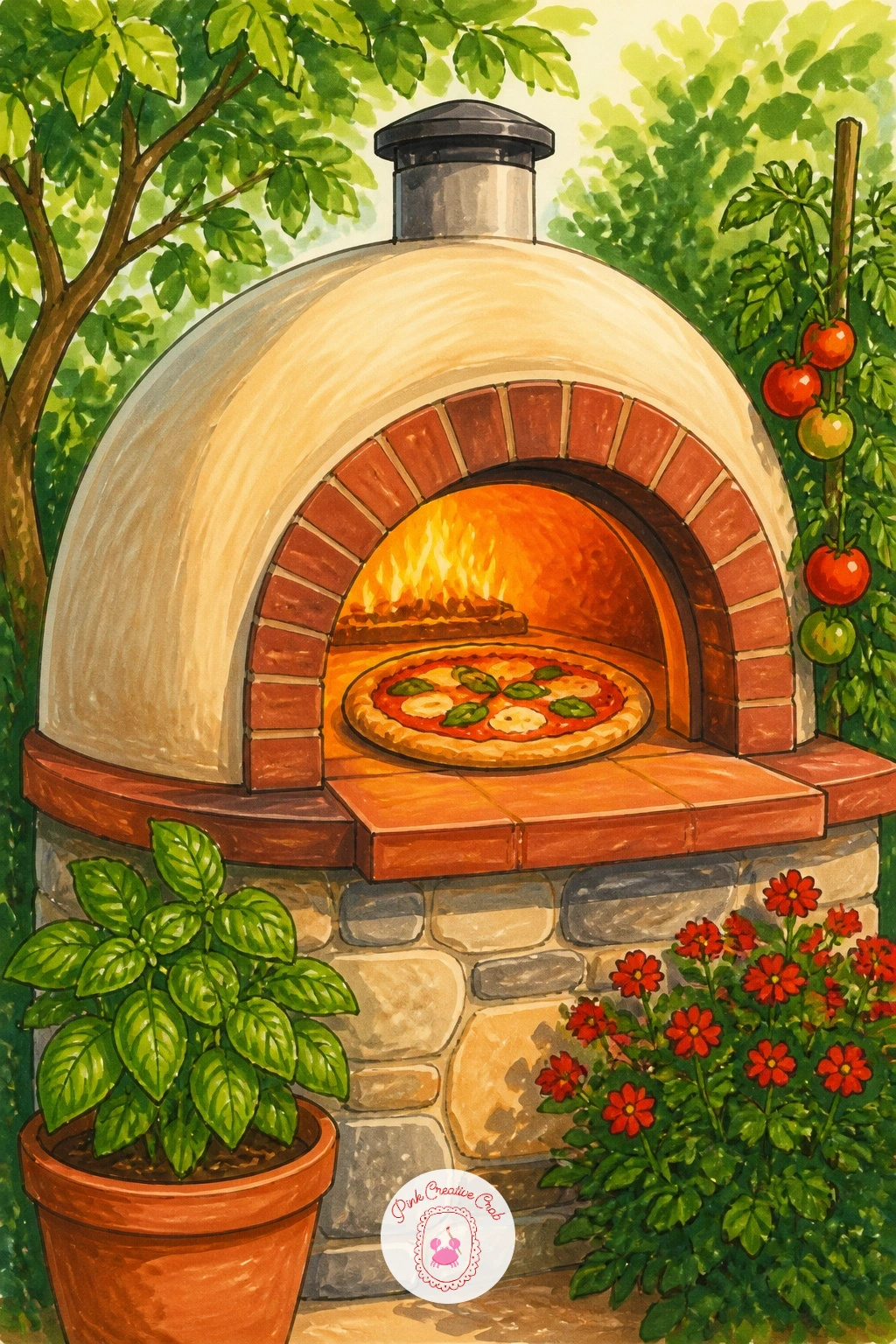 Backyard Pizza Oven In A Garden — Step into a garden for a backyard pizza oven, dome-shaped and tucked among plants or vines, with a pizza sliding in on a