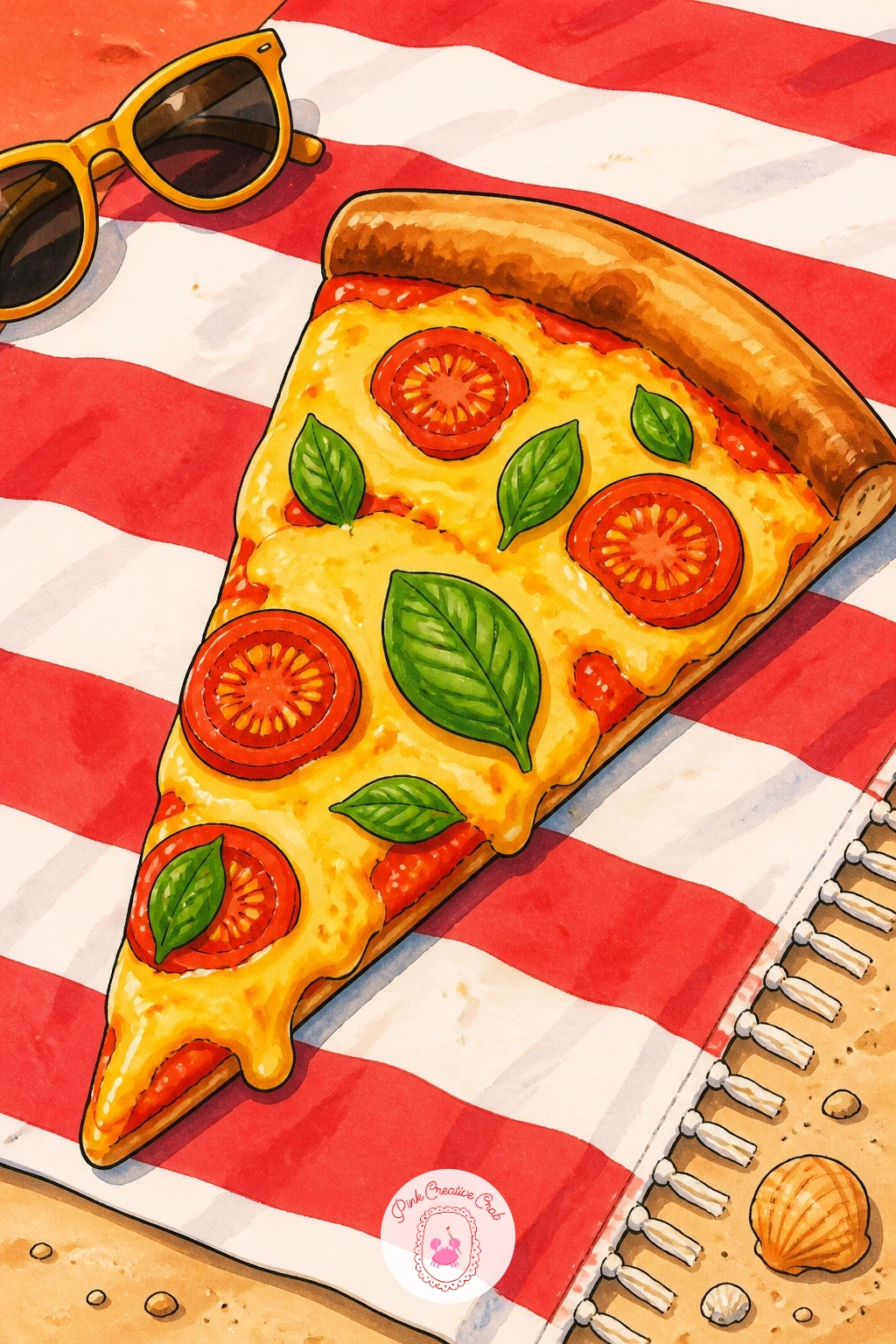 Slice On A Striped Beach Towel — Take pizza to the beach with a slice resting on a striped towel, sand just visible at the edges and maybe a pair of sunglasses