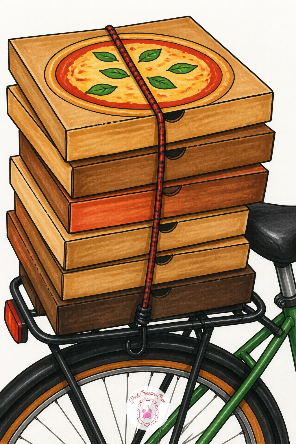 Stack Of Pizza Boxes On A Bike Rack — Build a small urban still life with a stack of pizza boxes strapped to a bike rack, ready for a multi-stop delivery run.