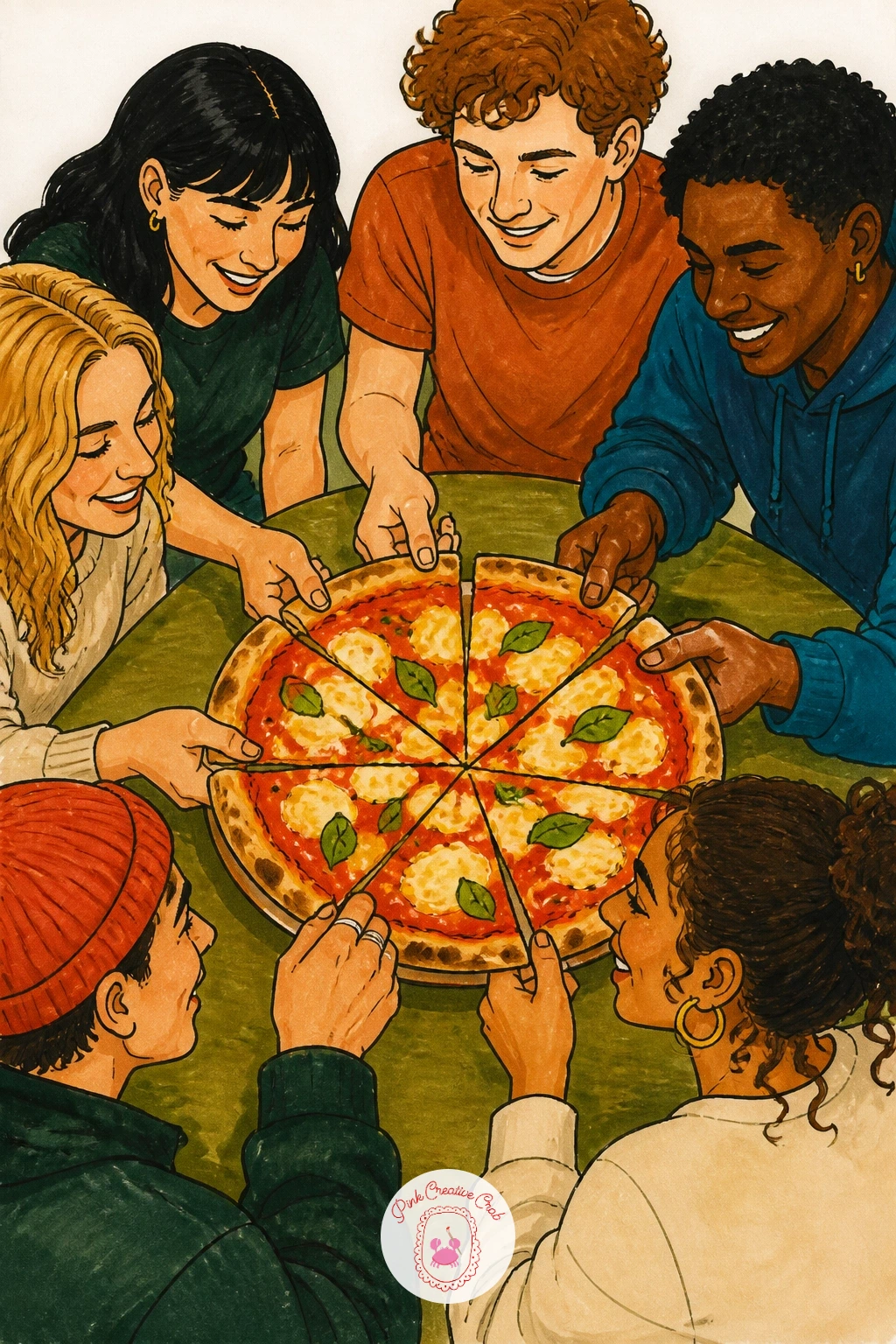 Friends Sharing Pizza Around A Table — Bring the whole list full circle with friends sharing pizza around a table, several hands reaching in, plates and
