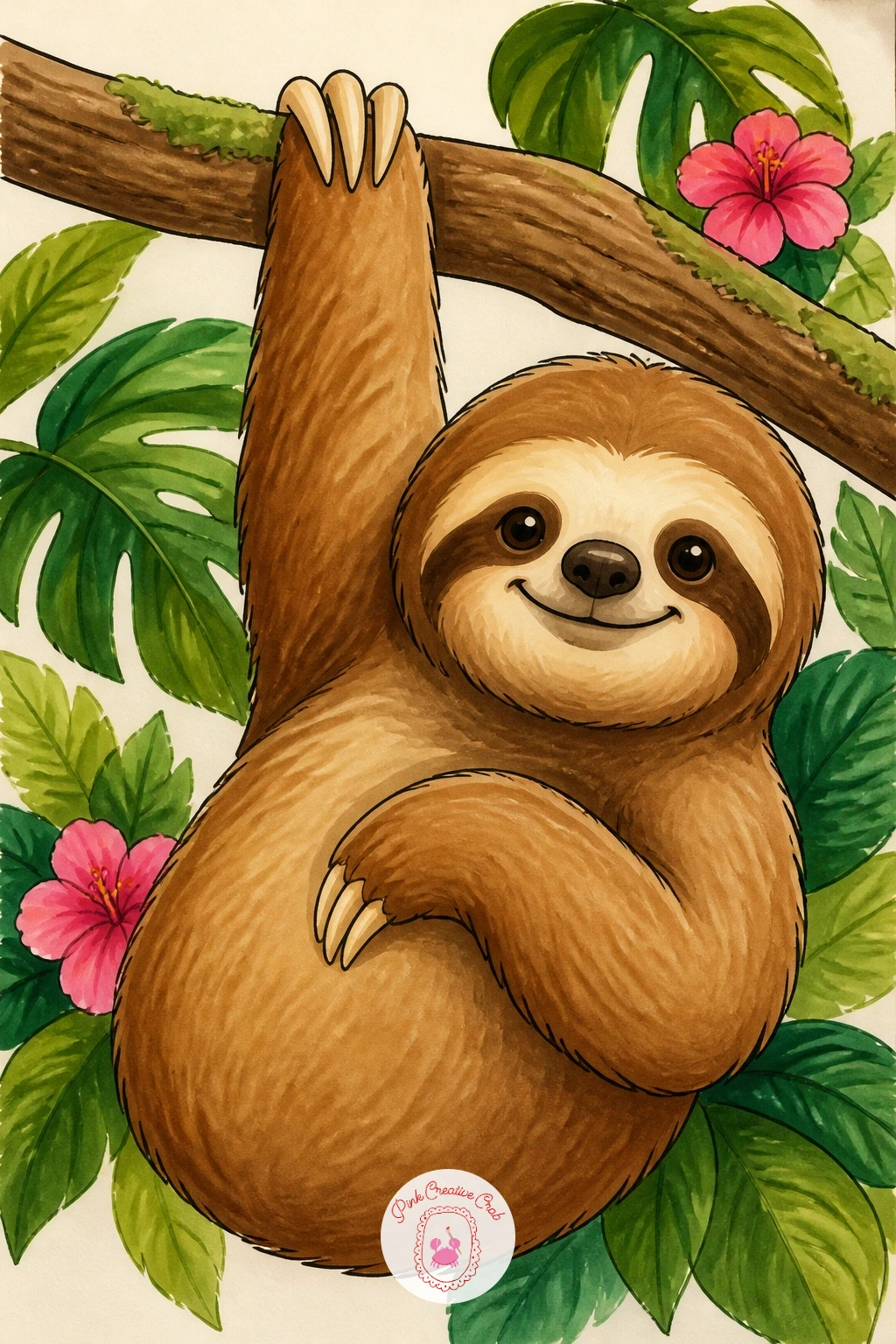 Sloth Hanging From a Branch — Start with the easiest pose in the whole list: a sloth hanging from a branch by one arm, smiling. Sloth drawing