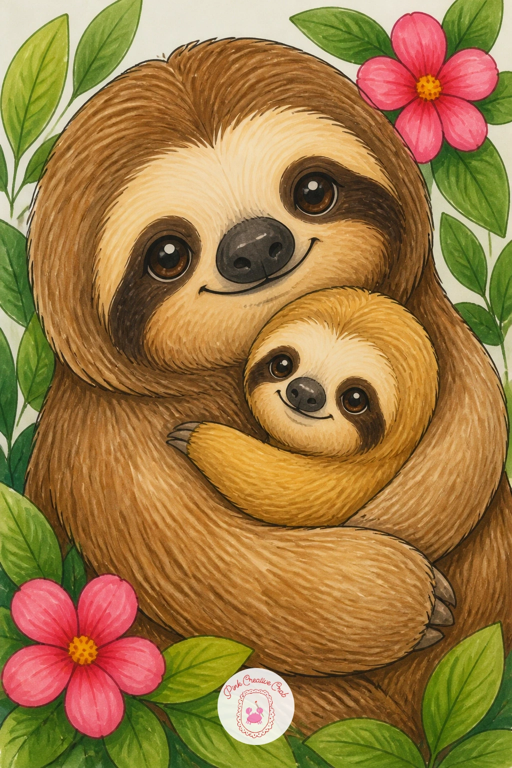 Baby Sloth Clinging to Mother — Move from one sloth to two with a baby sloth clinging to its mother's belly, a pose built entirely from stacked ovals. Sloth