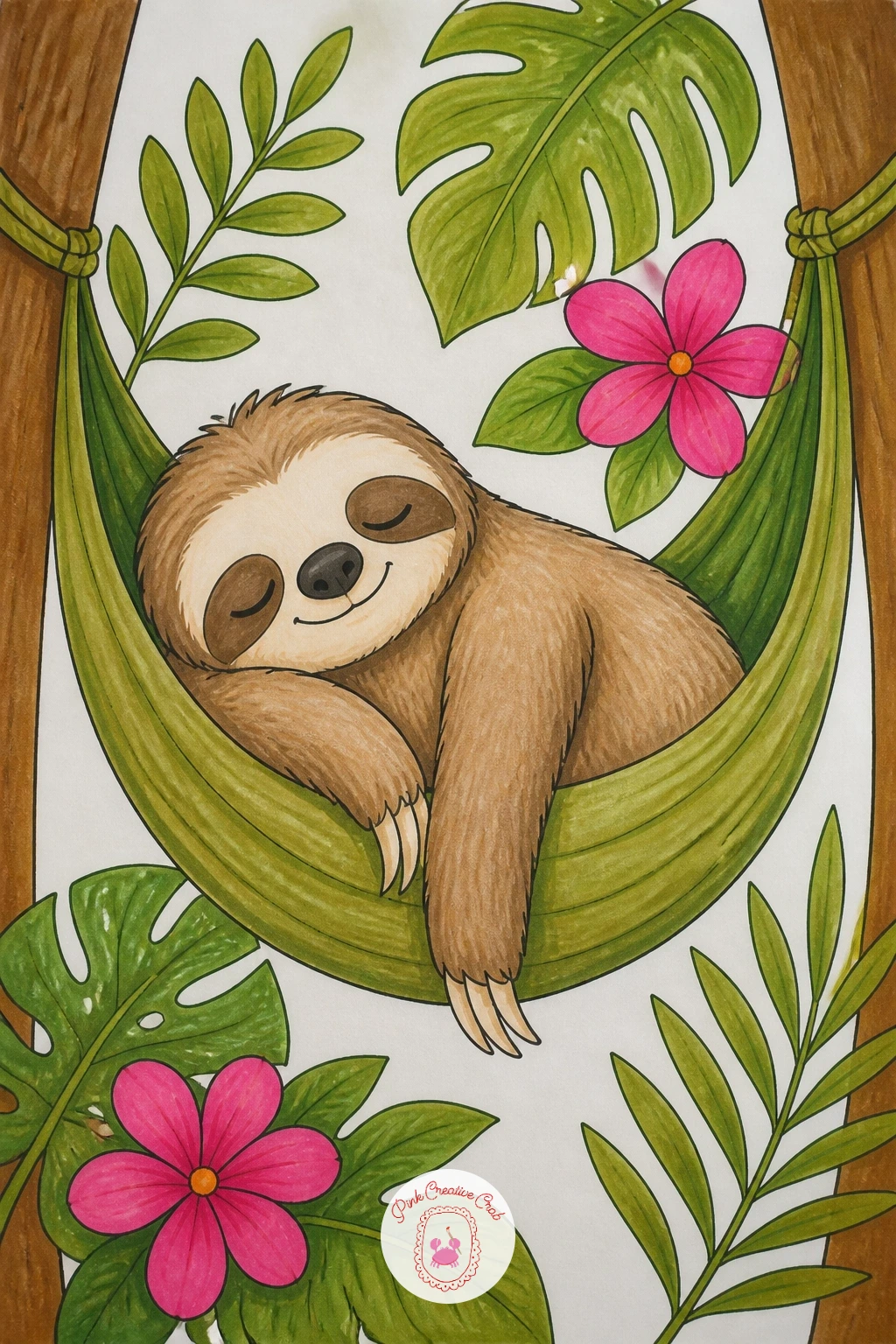 Sloth Asleep in a Hammock — After drawing two sloths close together, give one a rest: a sloth asleep in a hammock strung between two tree trunks. Sloth drawing