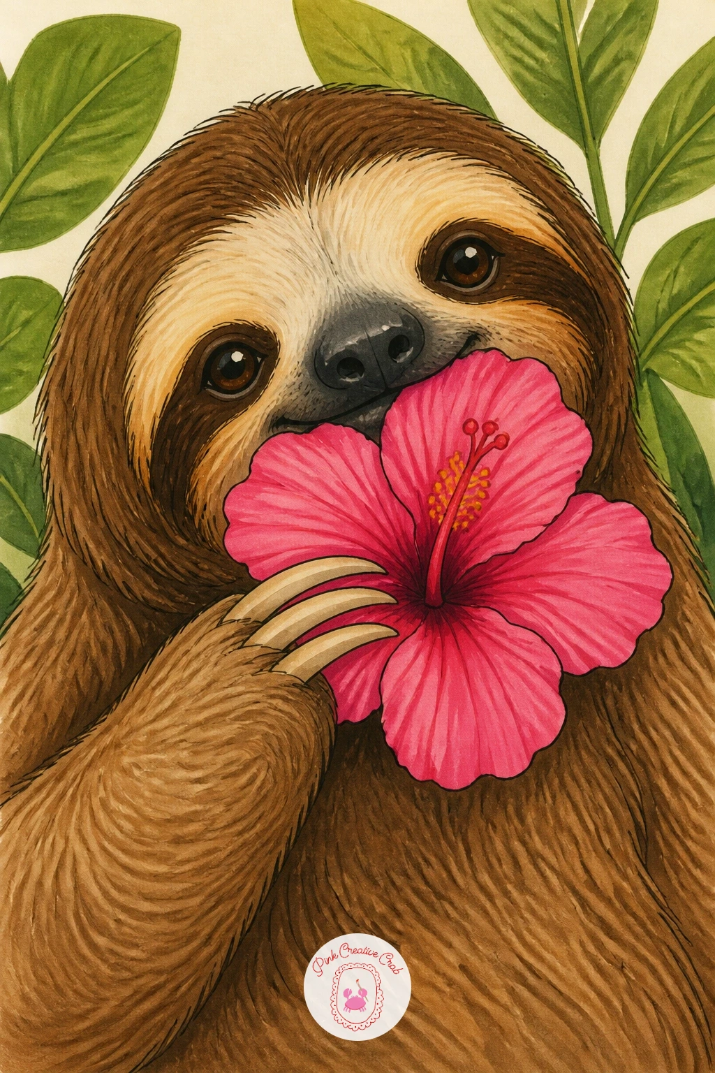 Sloth Eating a Hibiscus Flower — Bring in the hot pink of this whole palette with a sloth eating a hibiscus flower, held up to its open mouth in one paw. Sloth