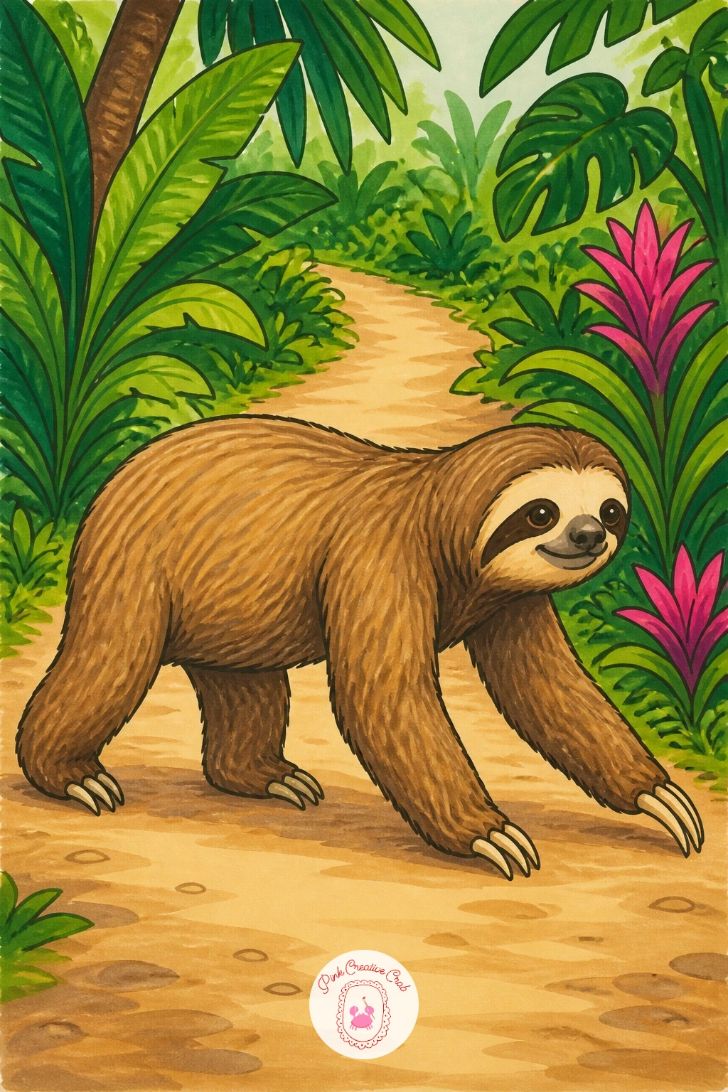 Sloth Crossing a Jungle Path — Give the sloth somewhere to go, slowly, with a sloth crossing a jungle path very slowly, drawn low to the ground on all fours.