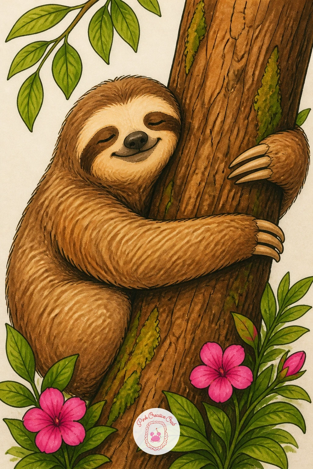 Sloth Hugging a Tree Trunk — Return to a close up pose with a sloth hugging a tree trunk, both arms wrapped fully around the bark. Sloth drawing