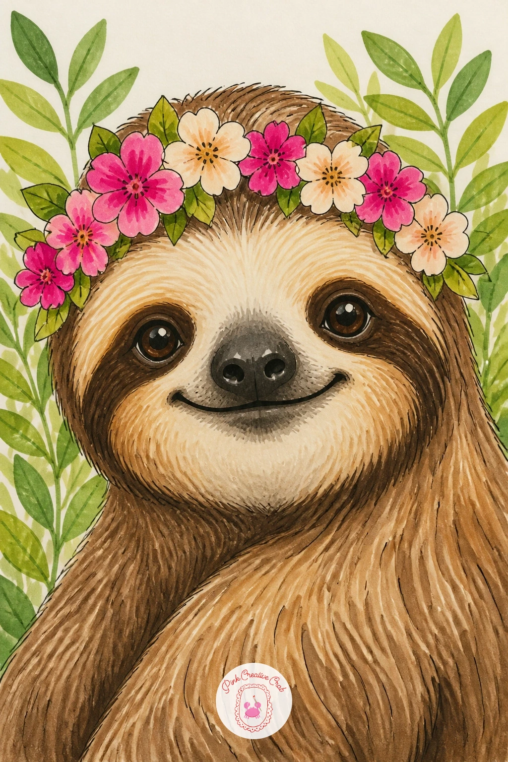 Sloth Wearing a Flower Crown — After all that bark, lighten the mood with a sloth wearing a flower crown, a simple head and shoulders portrait dressed up for a