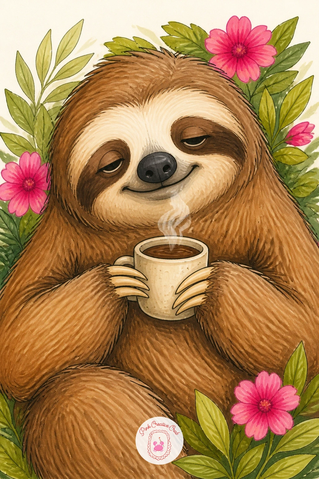 Sloth Holding a Coffee Cup — For a quicker piece, try a sloth half asleep holding a coffee cup, drawn from the chest up with one paw curled around a small mug.