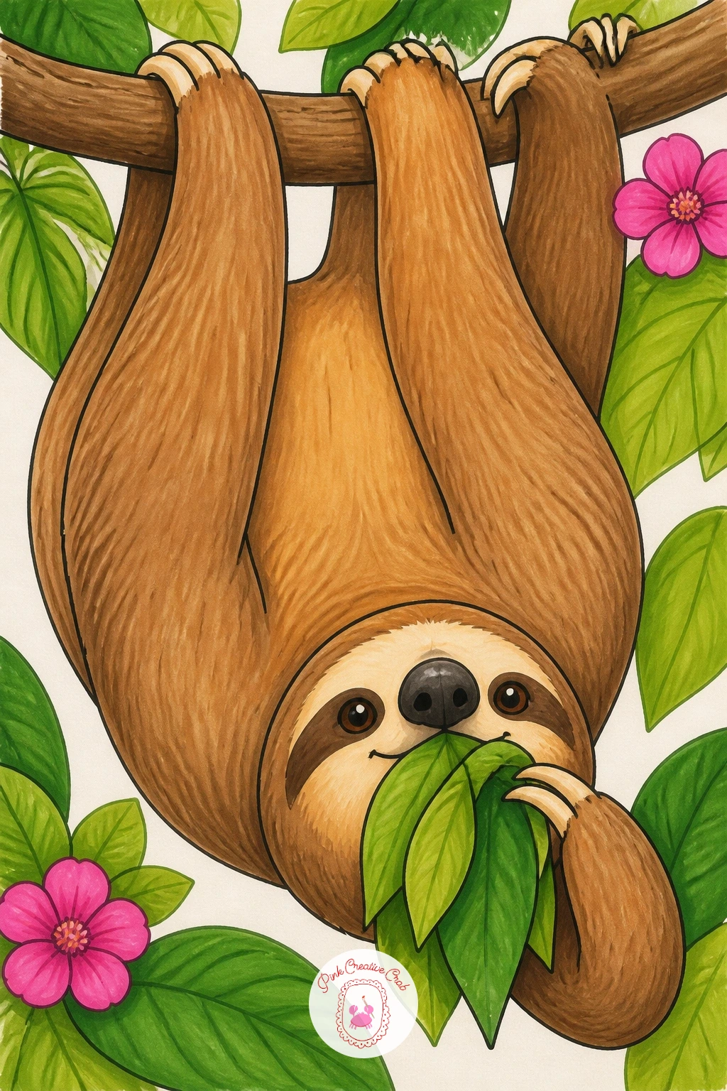 Sloth Upside Down Eating Leaves — Flip the usual pose with a sloth upside down eating leaves, hanging by both feet from a branch with its head lower than its