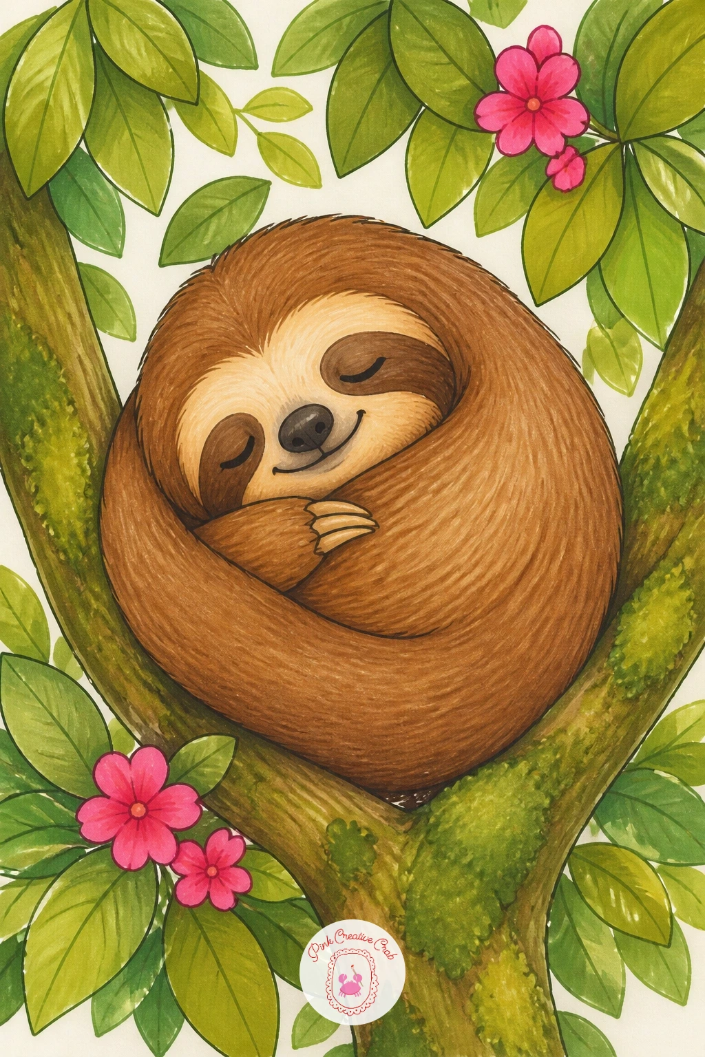 Sloth Curled in the Treetops — Pull back slightly for a sloth curled into a ball in the treetops, drawn small and round against a wider leafy backdrop. Sloth