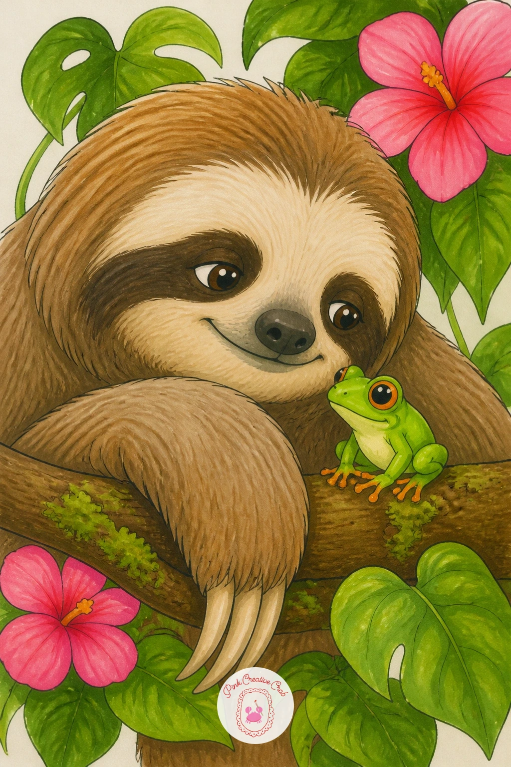 Sloth With a Frog Friend — Pair the sloth up with a sloth with a little green frog friend, perched together on the same branch. Sloth drawing