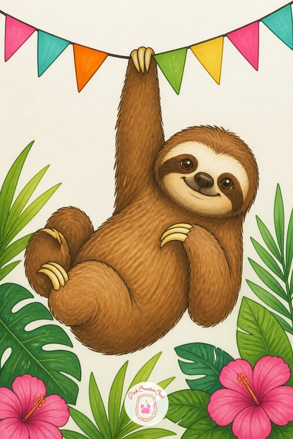 Sloth Hanging From Party Bunting — Bring in a bit of celebration with a sloth hanging from party bunting, one arm hooked over a string of small triangular