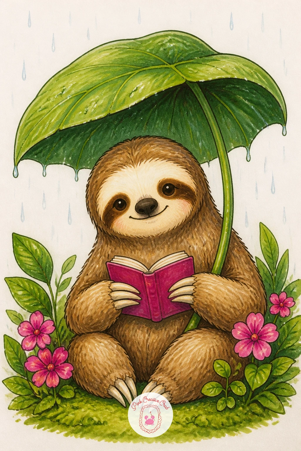 Sloth Reading Under a Leaf Umbrella — Settle into a cozier mood with a sloth reading under a leaf umbrella in the rain, holding one giant leaf overhead like a