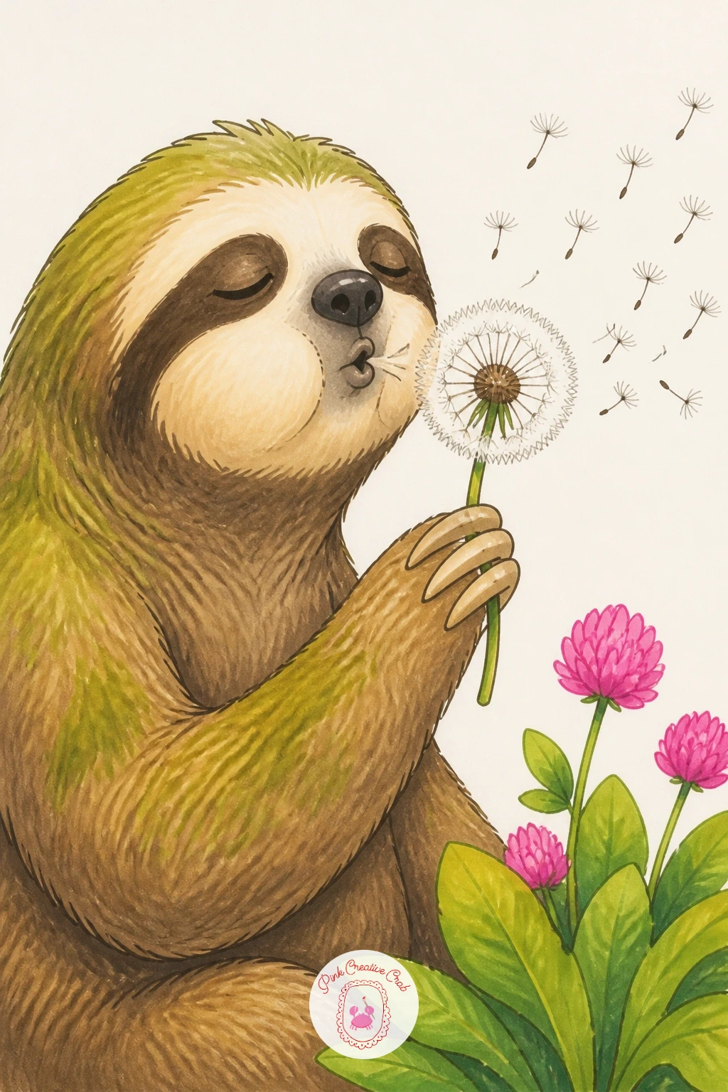 Sloth Blowing a Dandelion — Switch to something delicate with a sloth blowing a dandelion, cheeks puffed and seeds drifting off into the air. Sloth drawing