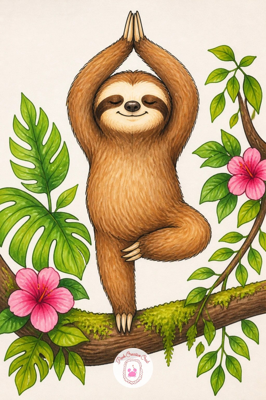 Sloth Doing Yoga on a Branch — Have a little fun with a sloth doing yoga on a branch, balanced in a simple pose with one leg lifted and both arms stretched