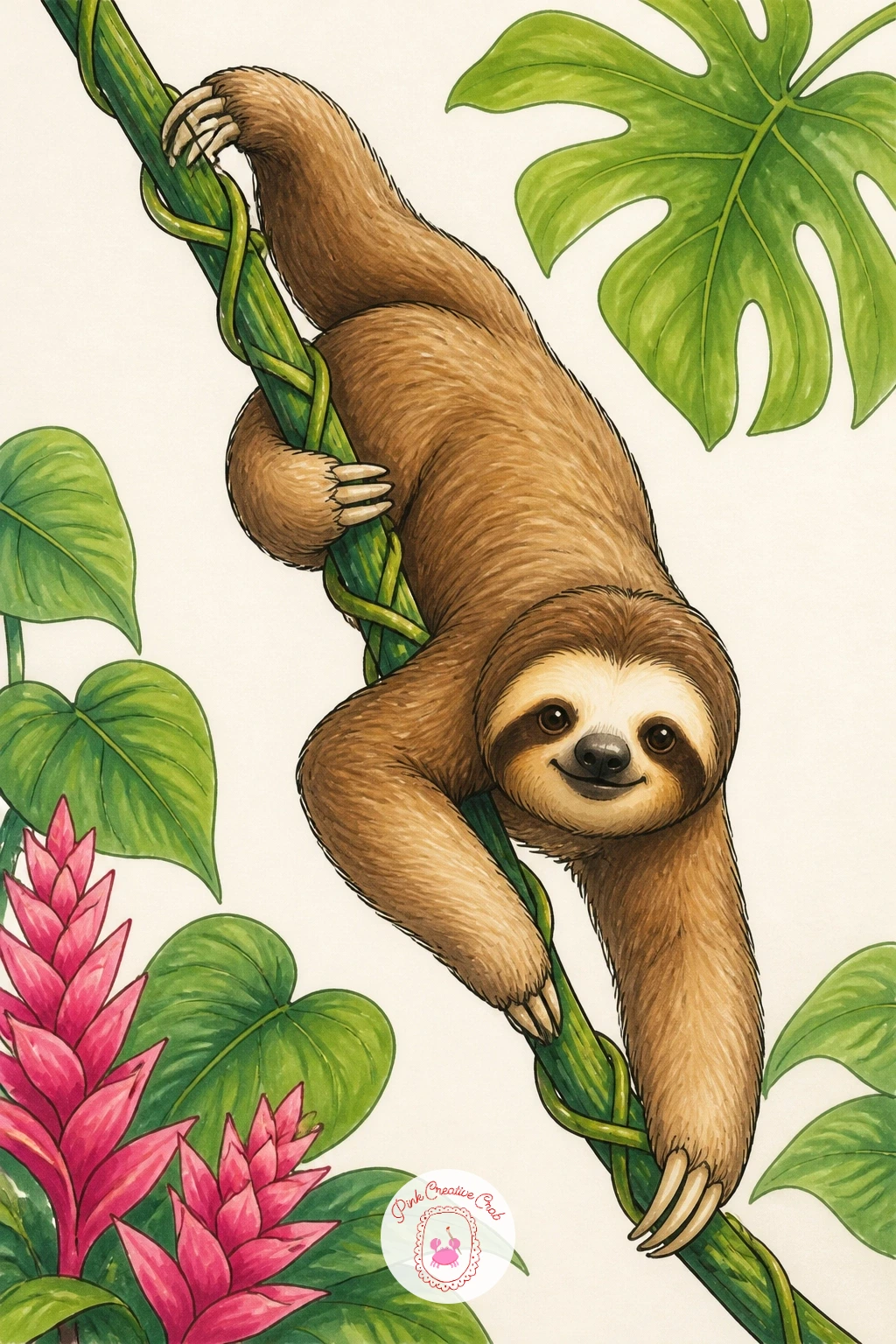 Two-Toed Sloth Climbing Down a Vine — Add a little variety in species with a two-toed sloth climbing down a vine, noticeably different from the three-toed