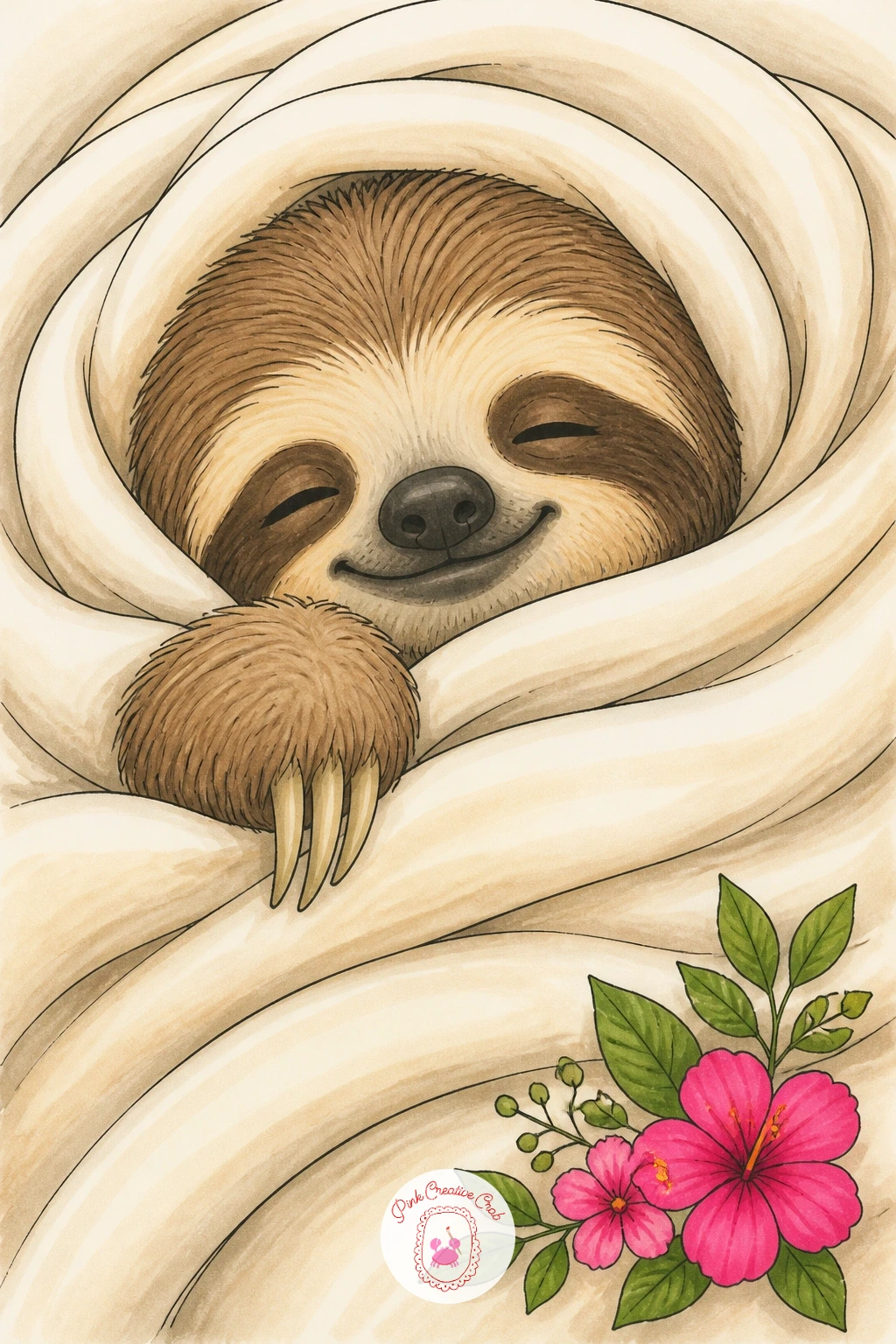 Sloth Snuggled in a Blanket — Go cozy with a sloth snuggled in a blanket, only the head and one paw peeking out from a thick folded wrap. Sloth drawing