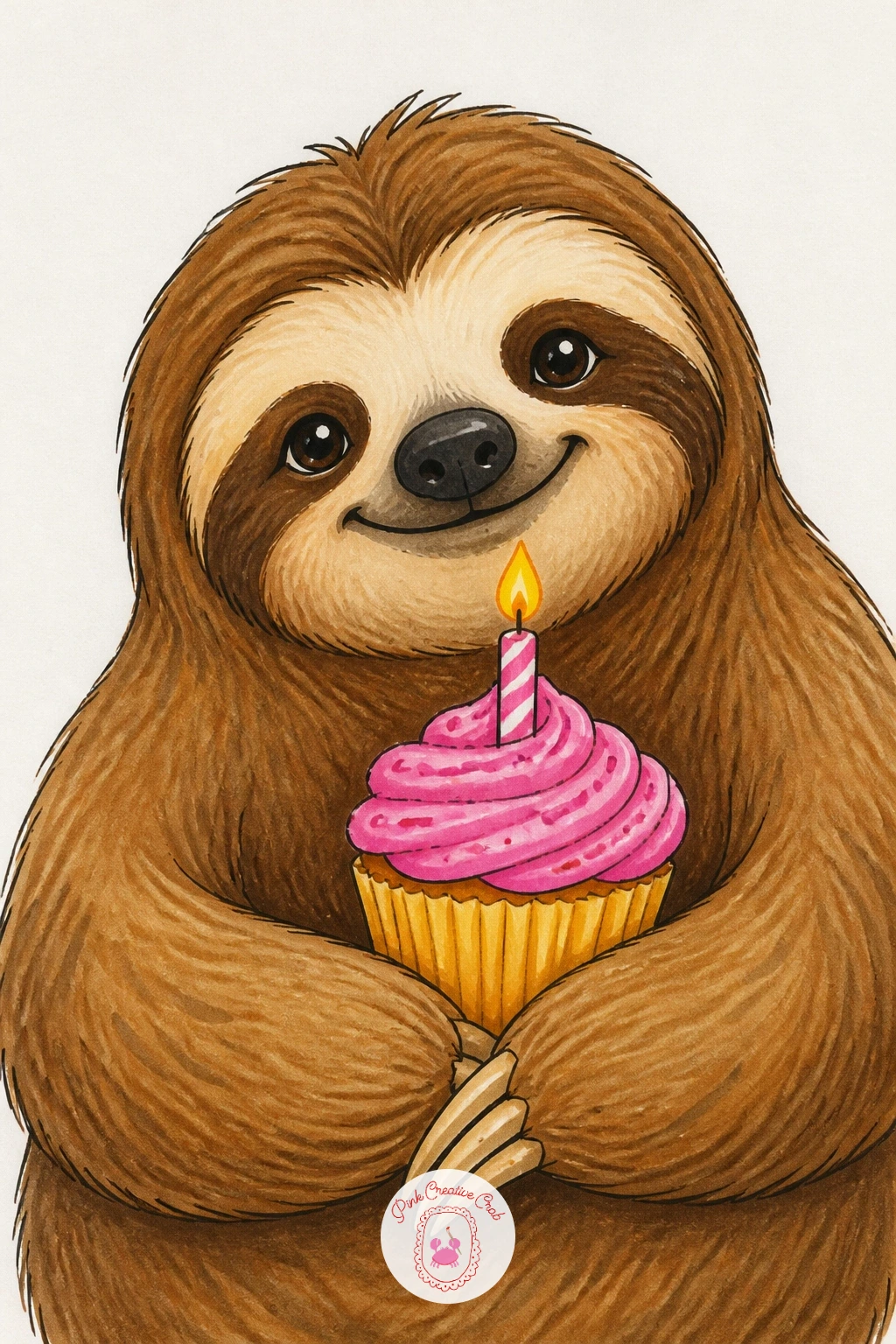 Sloth With a Birthday Cupcake — Keep the party going with a sloth with a birthday cupcake, holding it close with both paws and one candle lit on top. Sloth