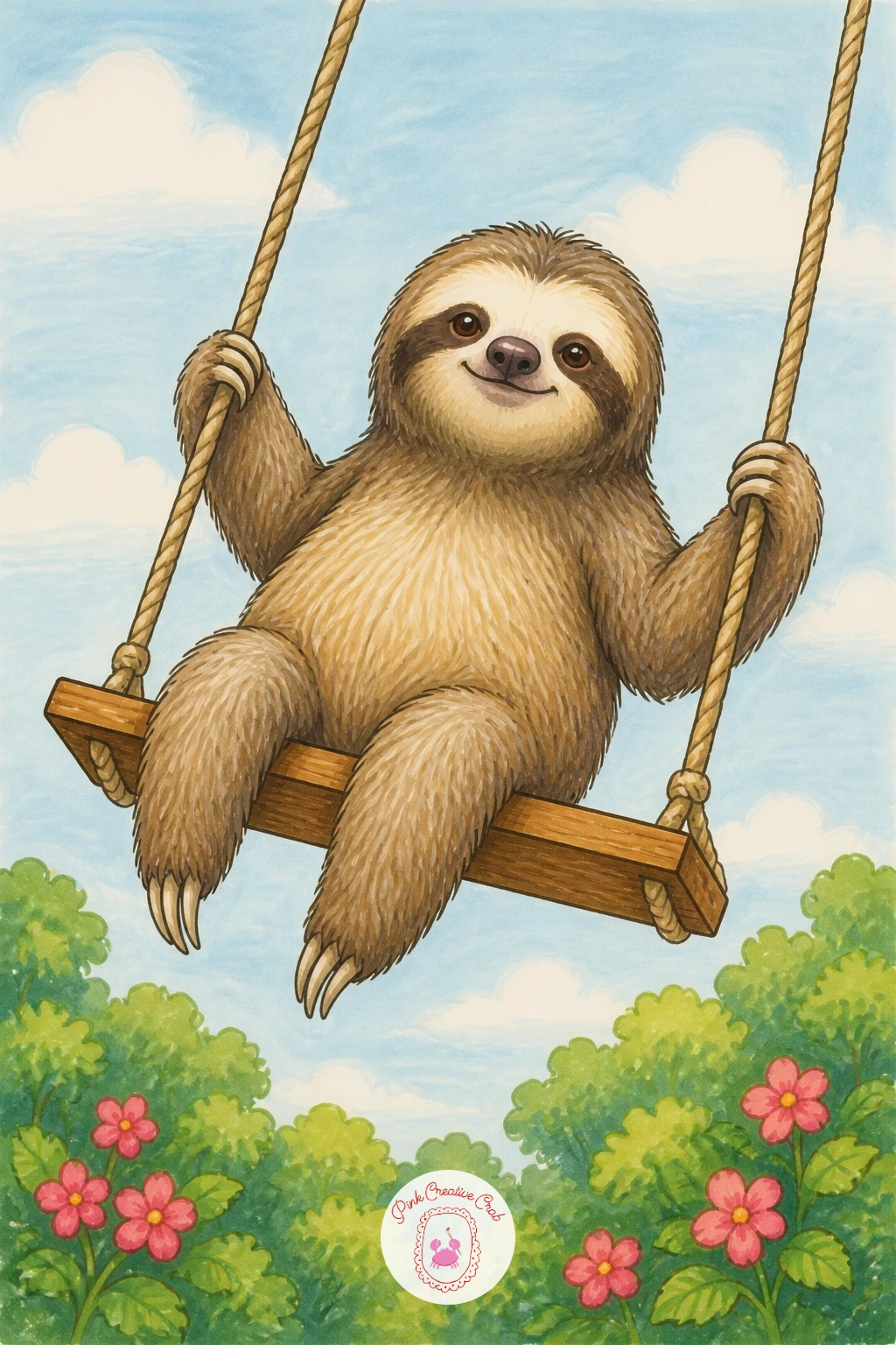 Sloth on a Rope Swing — Pick up the pace, just slightly, with a sloth on a rope swing, seated on a wooden plank mid arc between two unseen trees. Sloth drawing