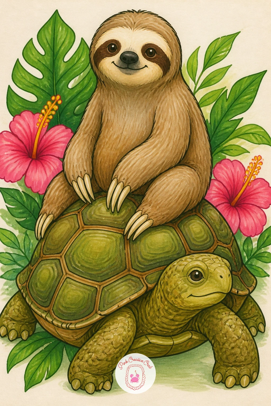 Sloth Riding a Turtle — Have some fun pairing two slow animals with a sloth riding on the back of a turtle, perched calmly on the shell as if the ride could
