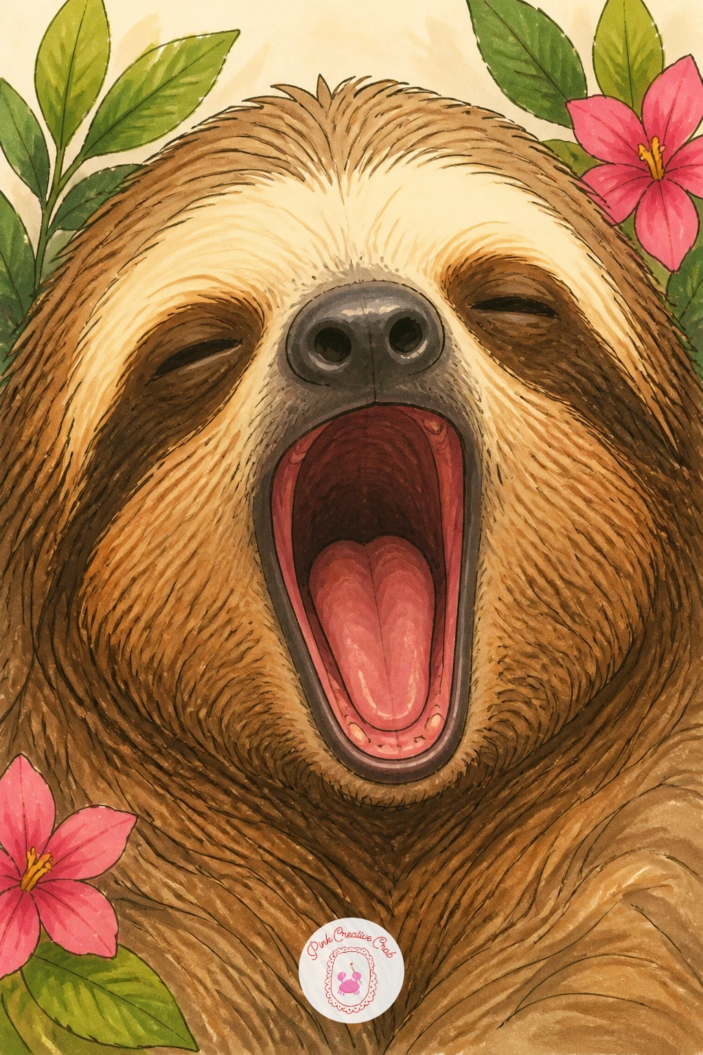 Sloth Mid Yawn — Zoom right into the face for a sloth mid yawn, mouth stretched wide open and eyes squeezed shut. Sloth drawing