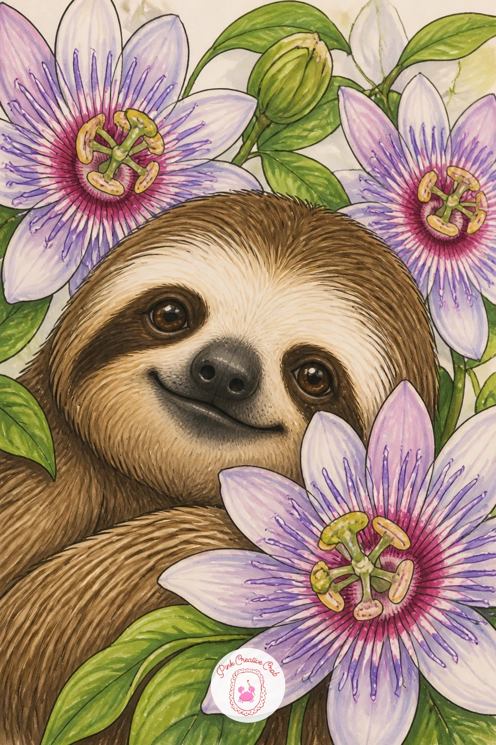 Sloth Among Passion Flowers — Return to the jungle flowers with a sloth among passion flowers, its face framed by a few of the distinctive fringed blooms.