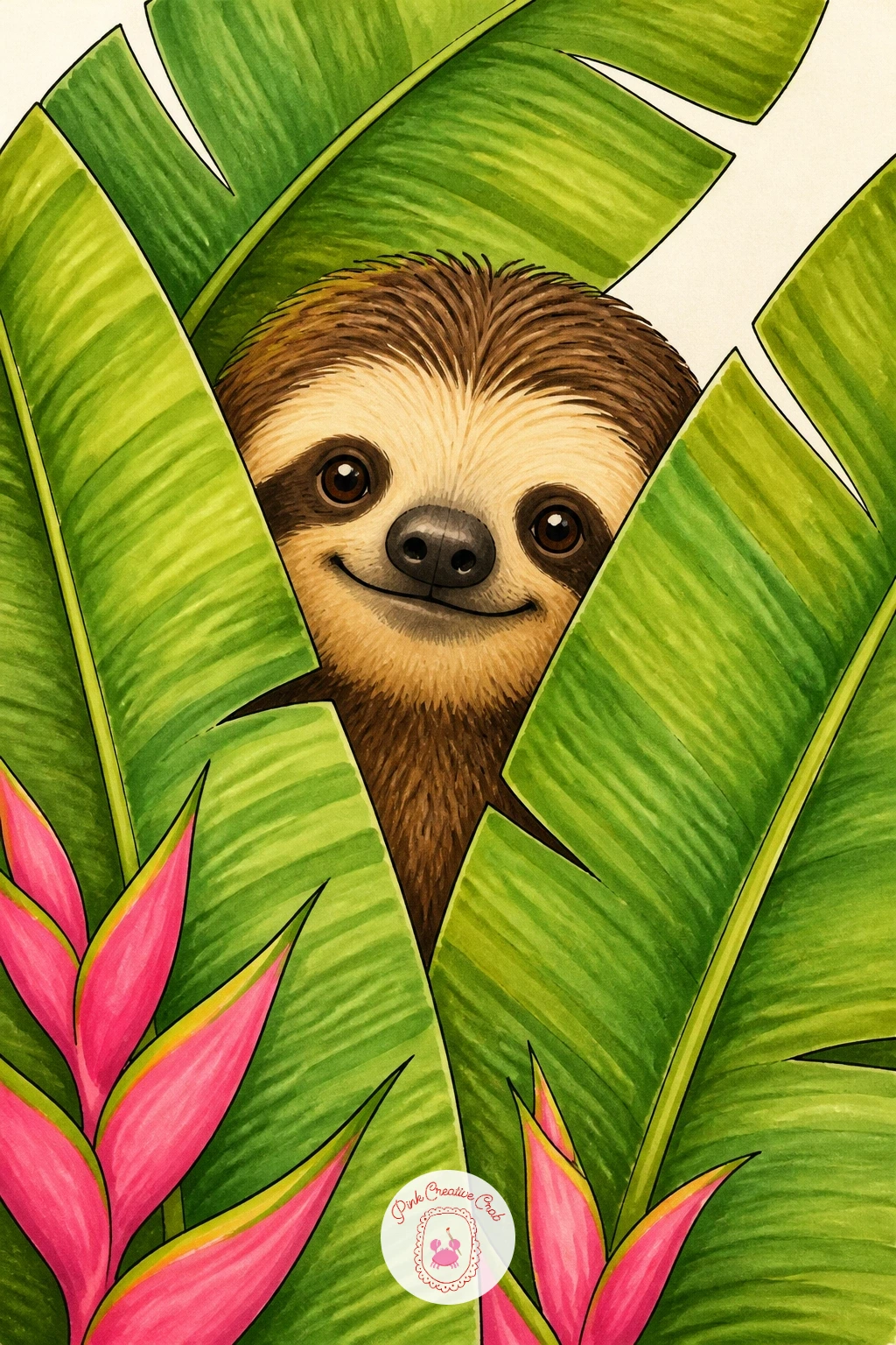 Sloth Peeking Through Banana Leaves — Nearly at the end of the list, slow back down with a sloth peeking through banana leaves, only the face and one paw