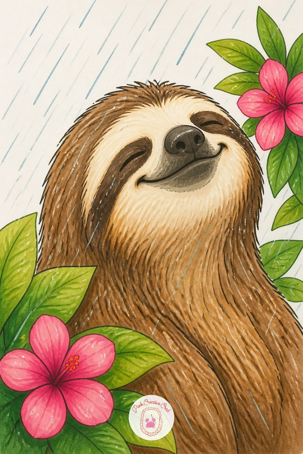 Sloth Smiling in the Rain — Close the list exactly where the mood lives best: a sloth smiling in the rain, face turned slightly upward and perfectly content to