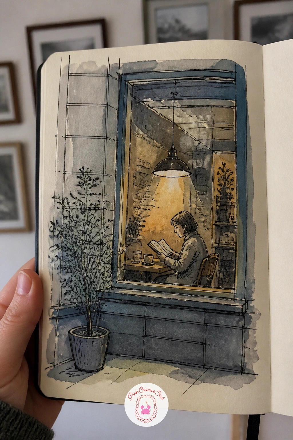 Cafe Window With a Reader Inside — Move from the open market to something quieter: a cafe window with one person reading at a table inside. Sketchbook