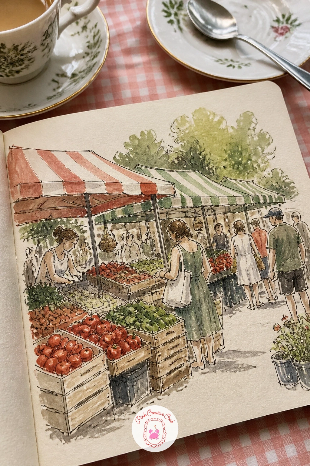 Saturday Farmers Market Stalls — Start the page with the farmers market, because the repeating shapes of crates, baskets and awnings give you an easy rhythm to
