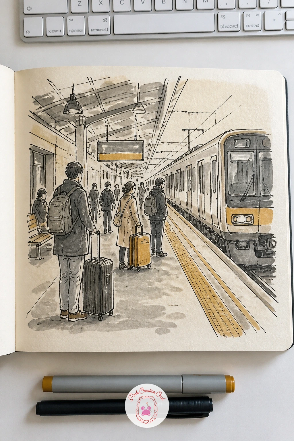 Train Platform With Travelers and Suitcases — Give yourself more people to juggle now with a train platform scene. Sketchbook inspiration