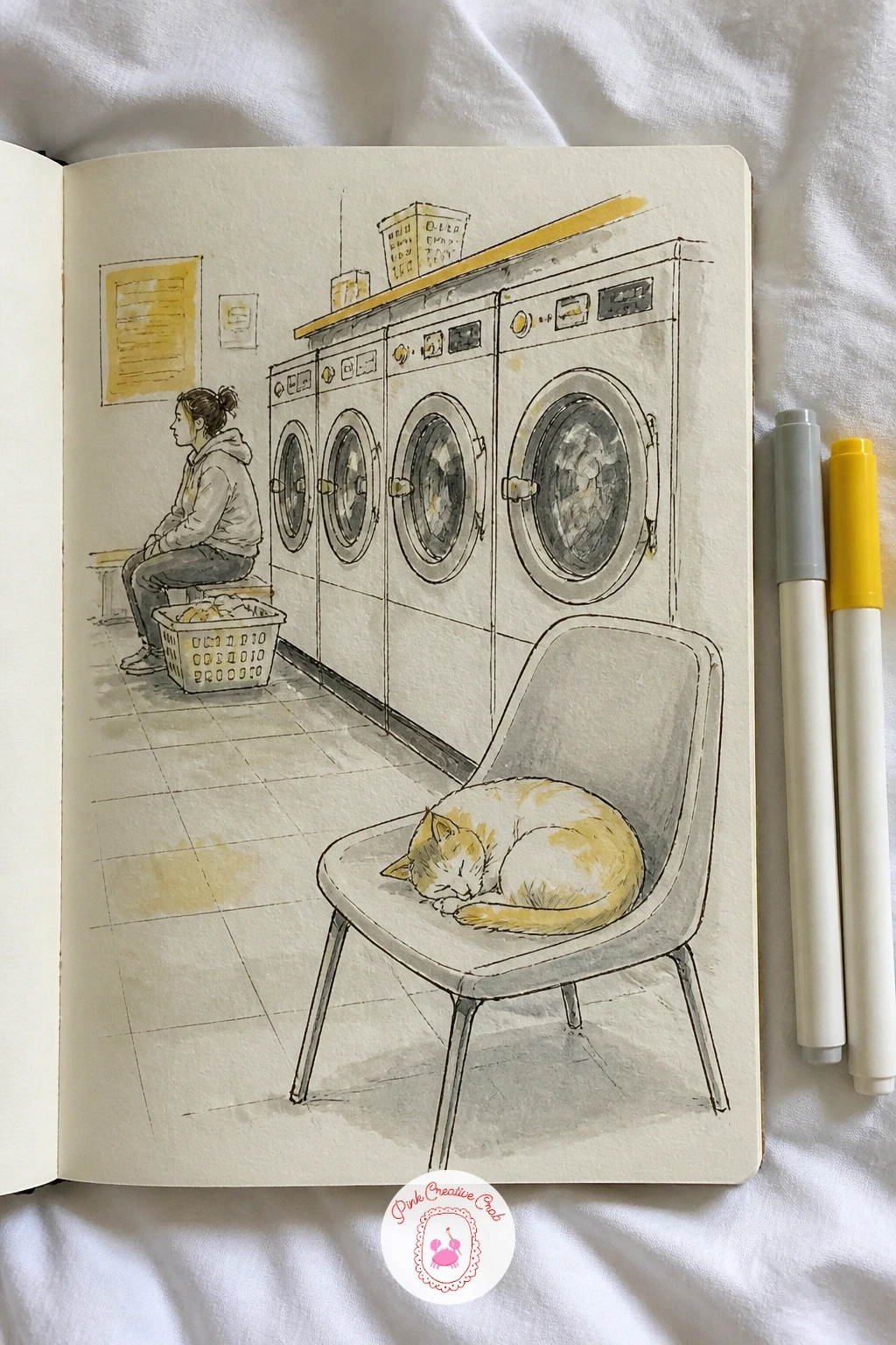 Laundromat With a Waiting Cat — Swap the bustle of the platform for the quiet hum of a laundromat. Sketchbook inspiration