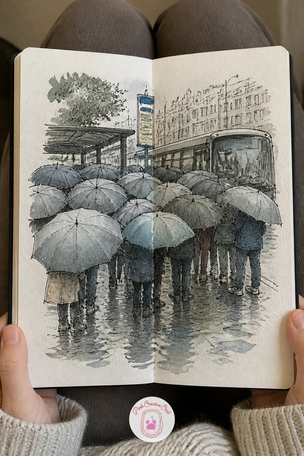 Rainy Bus Stop Full of Umbrellas — Bring in weather now, since a rainy bus stop is really a page about umbrellas. Sketchbook inspiration