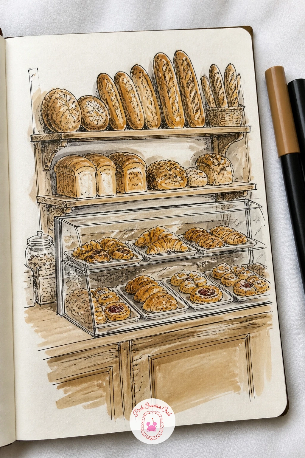Bakery Counter of Loaves and Pastries — Warm the page back up with a bakery counter. Sketchbook inspiration