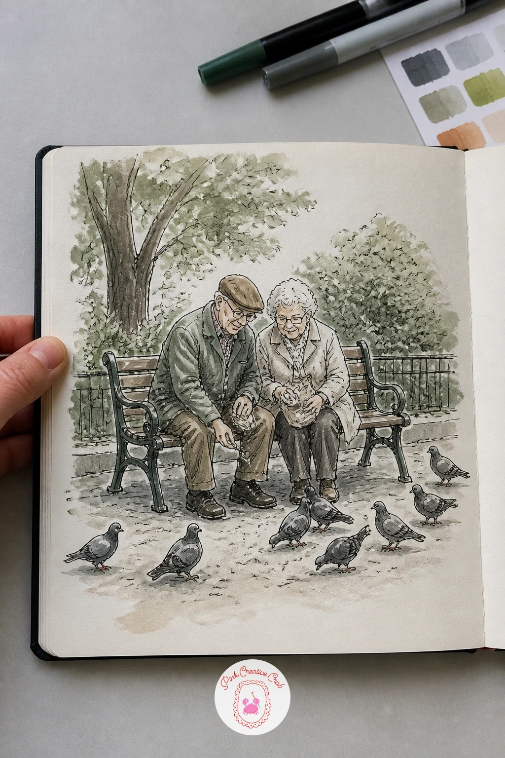 Old Couple Feeding Pigeons on a Bench — Slow the page down with a park bench and an old couple feeding pigeons. Sketchbook inspiration