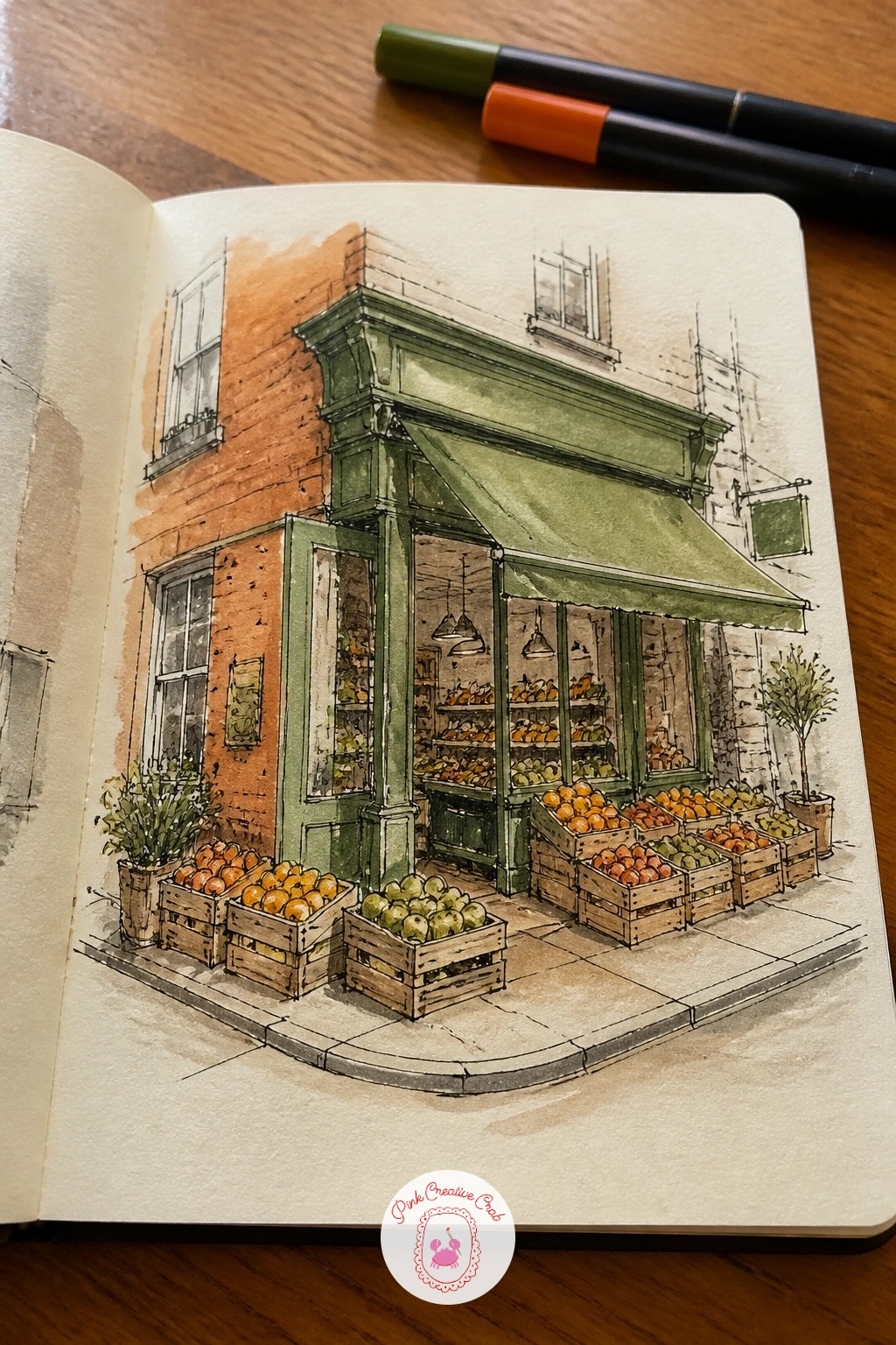 Corner Shop With Fruit Crates Outside — Pick the pace back up with a corner shop front, its fruit crates spilling onto the pavement outside the door.