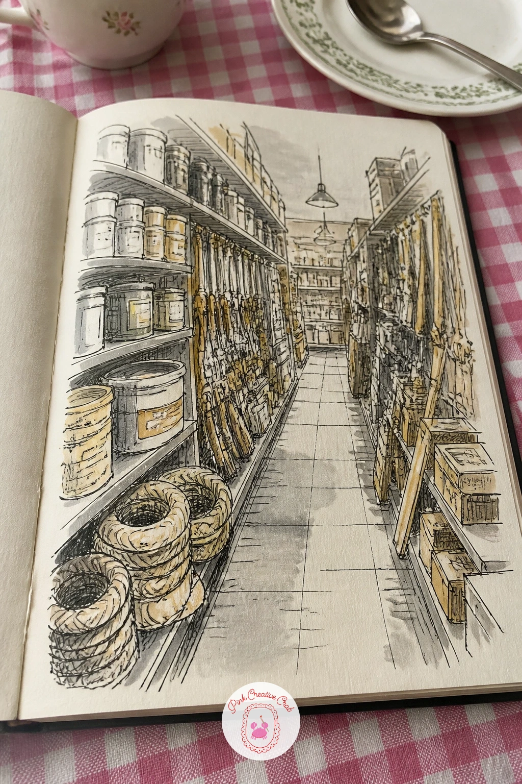 Hardware Store Aisle — Try a hardware store aisle for a page built almost entirely from straight lines and small repeated objects. Sketchbook inspiration
