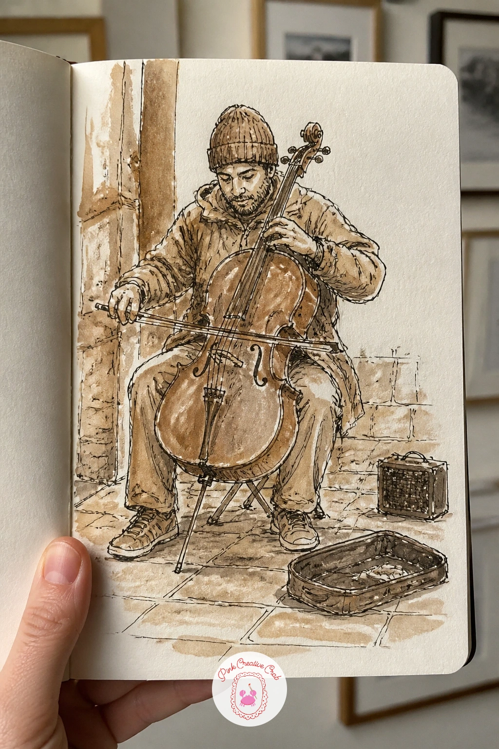 Street Musician Playing a Cello — Bring in some music with a street musician bent over a cello. Sketchbook inspiration