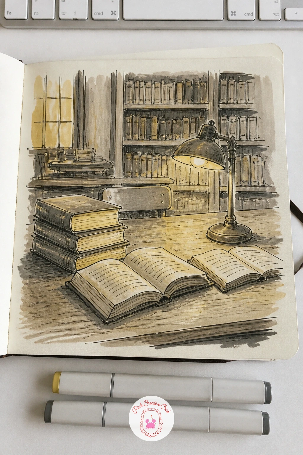 Library Table With Open Books and a Lamp — Settle the page down indoors with a library table lit by a single lamp. Sketchbook inspiration