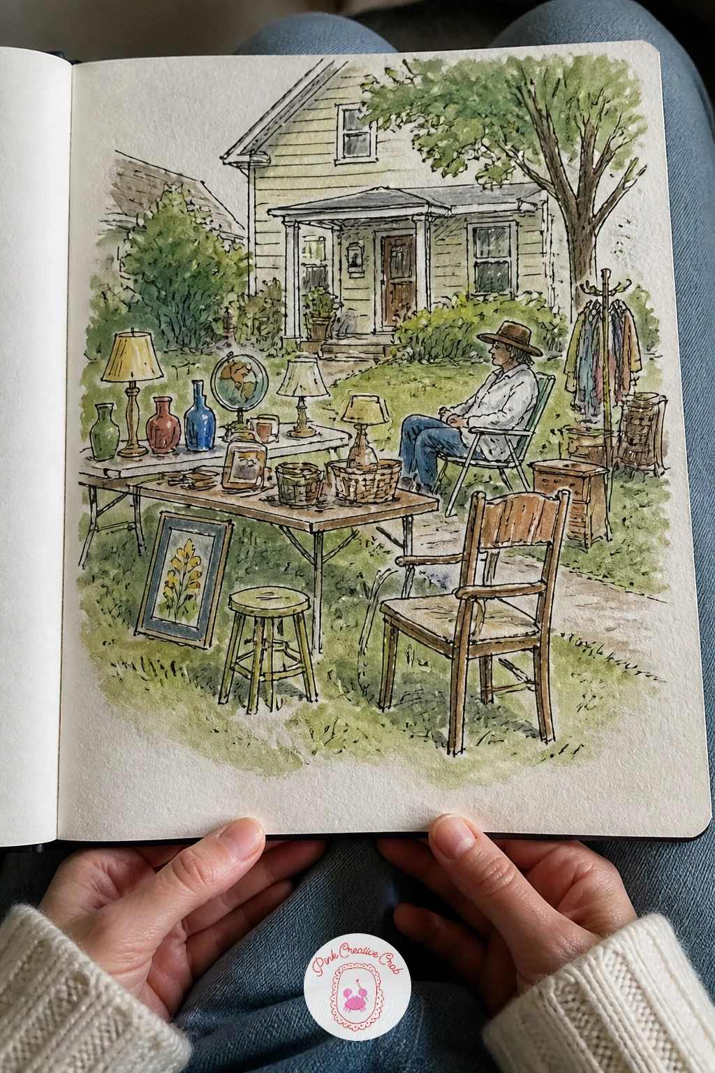 Garage Sale on a Front Lawn — Spread a garage sale across the page next, tables of odds and ends set out on a front lawn. Sketchbook inspiration