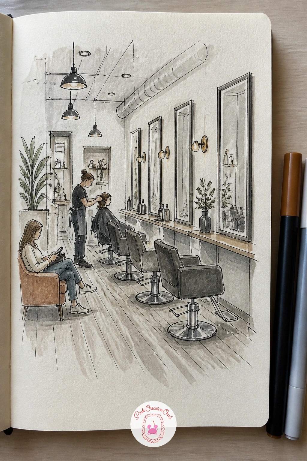 Hair Salon With Chairs and Mirrors — Move indoors to a hair salon, a page built on the repetition of chairs and mirrors facing each other. Sketchbook