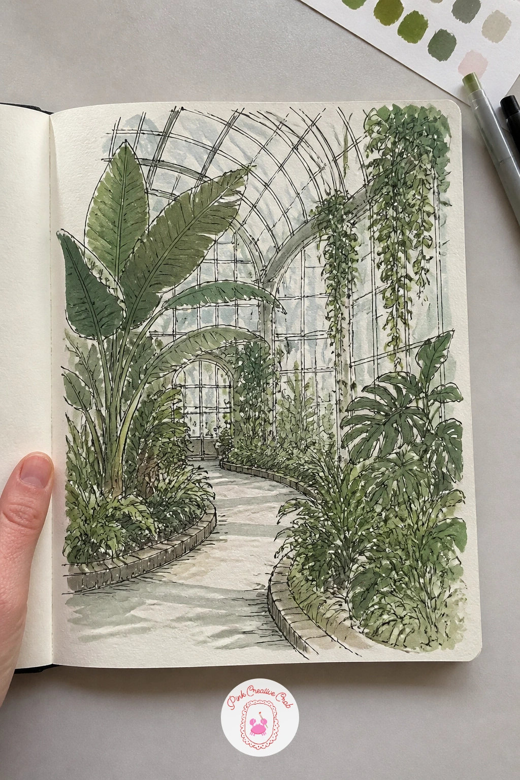Botanical Garden Glasshouse — Step into glass and greenery with a botanical garden glasshouse page. Sketchbook inspiration