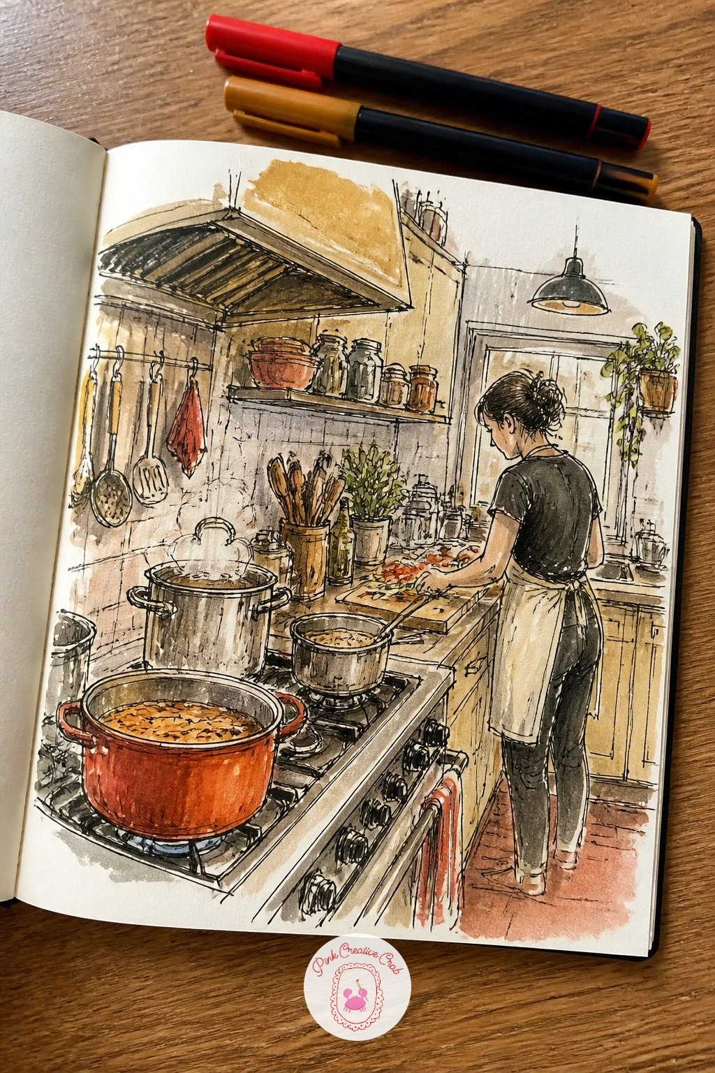 Busy Home Kitchen With Pots on the Stove — Bring the page home with a busy kitchen, pots going on the stove and someone mid-chop at the counter. Sketchbook